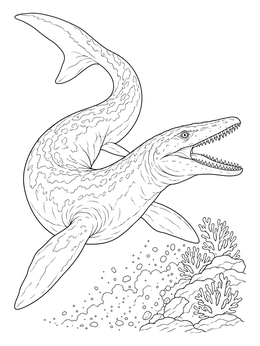 Free printable Realistic Mosasaurus Swimming Over Coral Reef coloring page