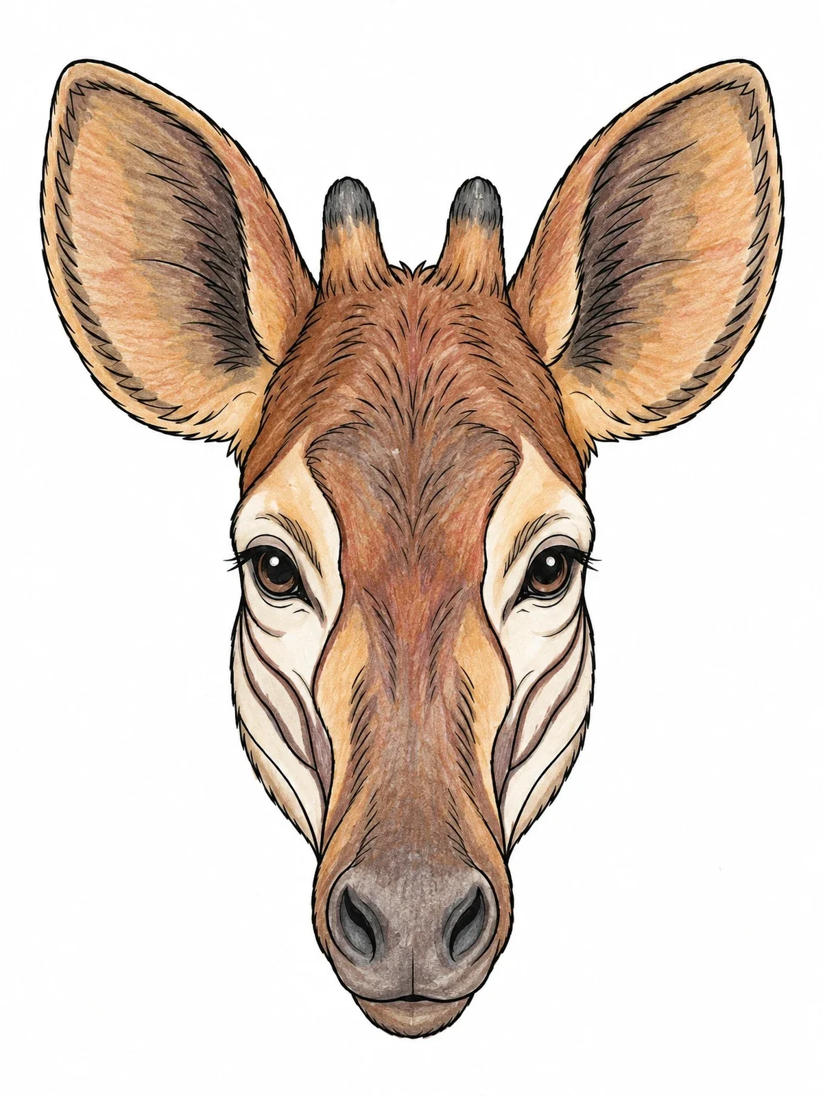 Colored example of the Realistic Okapi Portrait Front View coloring page