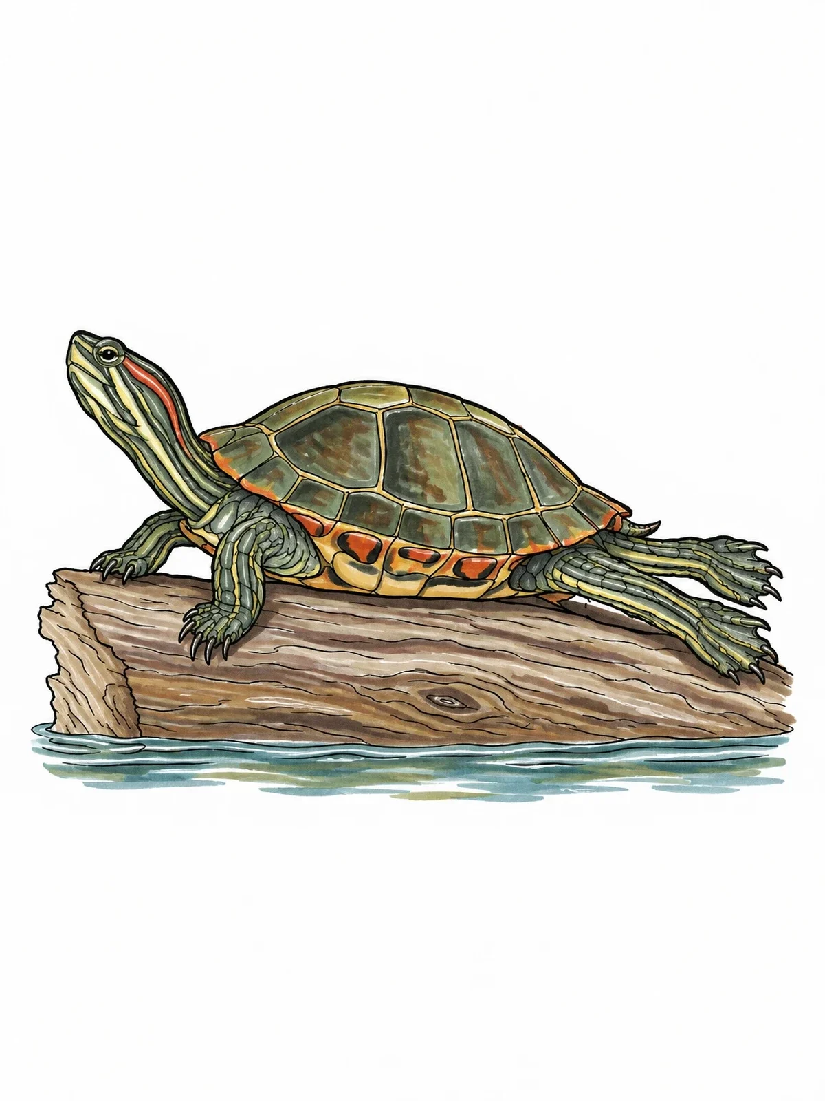 Colored example of the Realistic Painted Turtle Basking On A Log coloring page