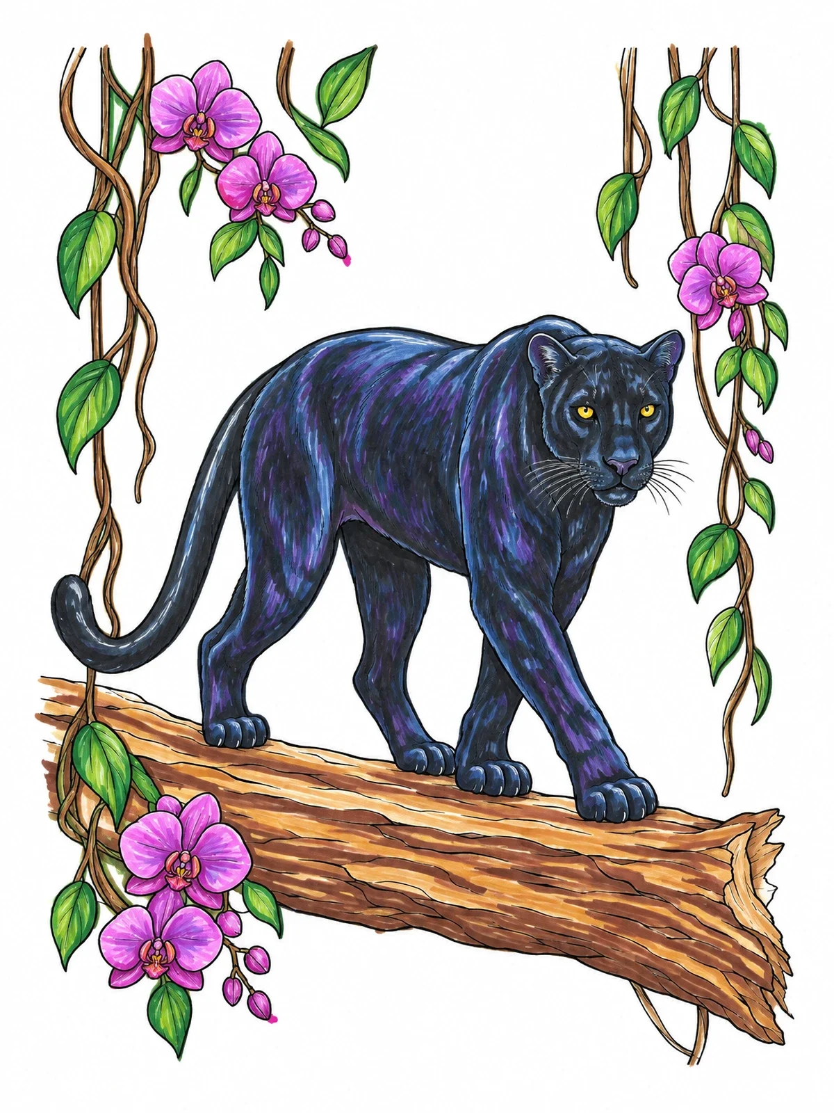 Colored example of the Realistic Panther On Jungle Log coloring page