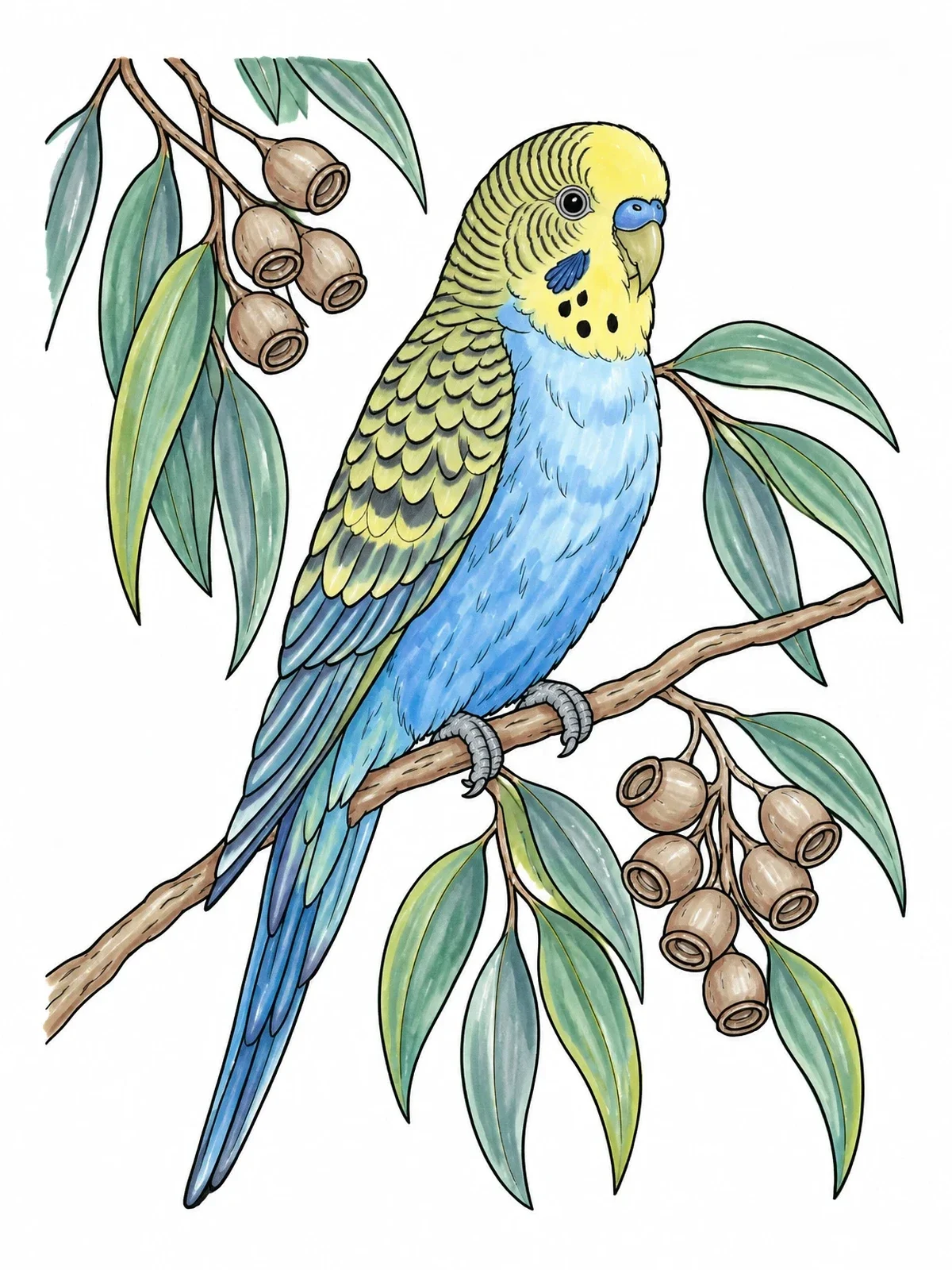 Colored example of the Realistic Parakeet On Eucalyptus Branch coloring page