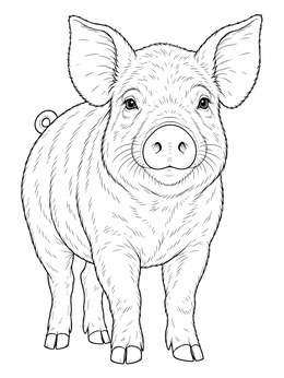 A detailed pig coloring page featuring a front-facing pig with fine fur textures.