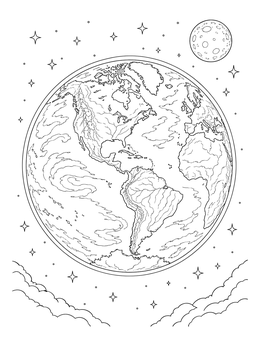 Detailed earth coloring page showing continents, clouds, starry space, and the moon.
