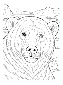 A detailed polar bear coloring page featuring a close-up portrait with ice in the background.