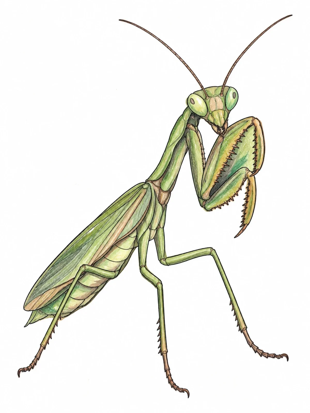 Colored example of the Realistic Praying Mantis Close Up coloring page