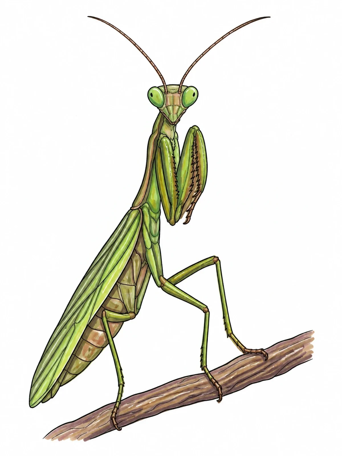 Colored example of the Realistic Praying Mantis On A Branch coloring page