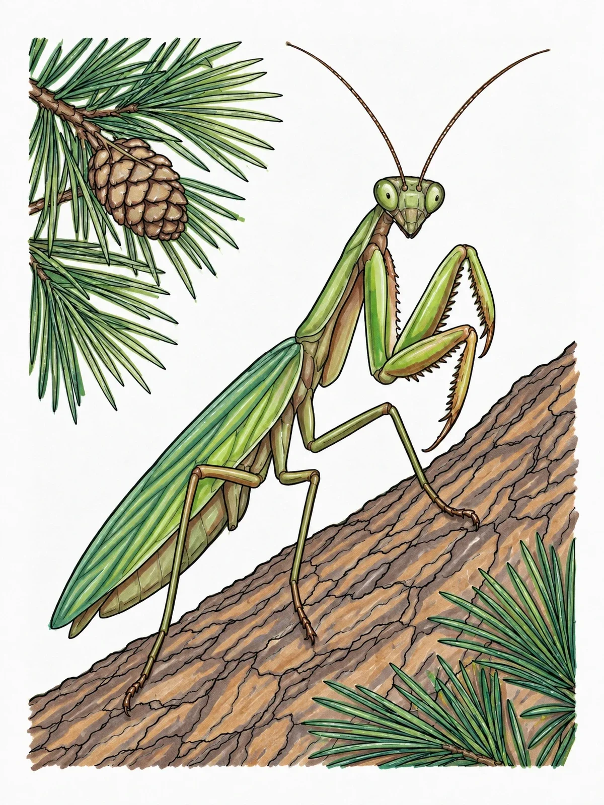 Colored example of the Realistic Praying Mantis On Pine Bark coloring page