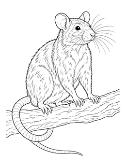 Detailed rat coloring page showing a furry rodent sitting alert on a tree branch.