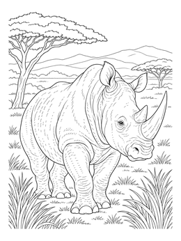 A detailed rhinoceros coloring page standing in the grassy African savanna.