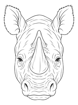 Detailed rhinoceros coloring page featuring a close-up portrait of a rhino's face and horns.