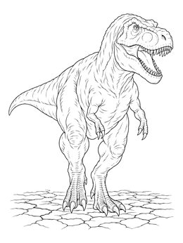 A detailed t rex coloring page showing a muscular dinosaur striding across cracked ground with an open jaw.
