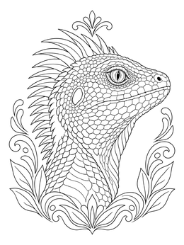 A detailed sea dragon coloring page featuring a close-up reptilian head with intricate scales and spines.