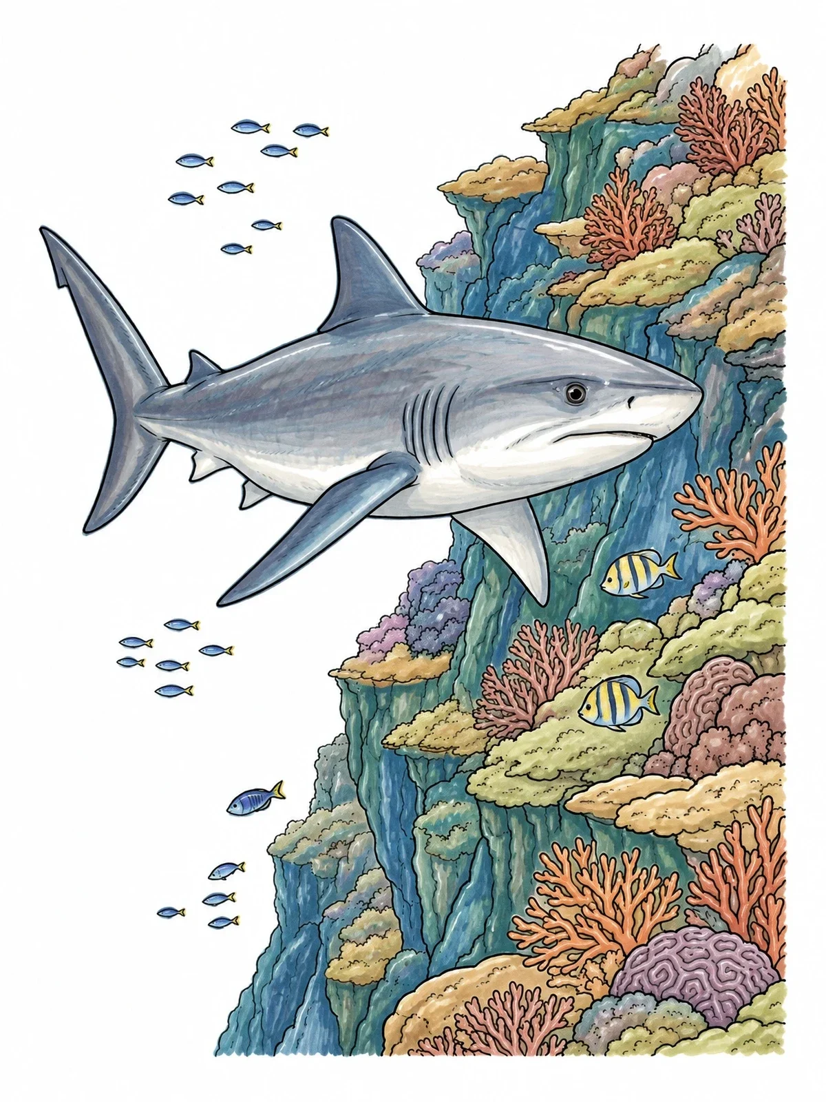 Colored example of the Shark Along The Coral Reef coloring page