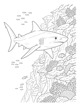 A shark coloring page showing a realistic shark swimming by a detailed coral drop-off.
