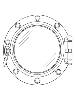 A realistic ship porthole window coloring page with bolts and hinges.