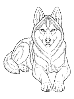 A detailed husky coloring page featuring a fluffy dog lying down and looking straight ahead.