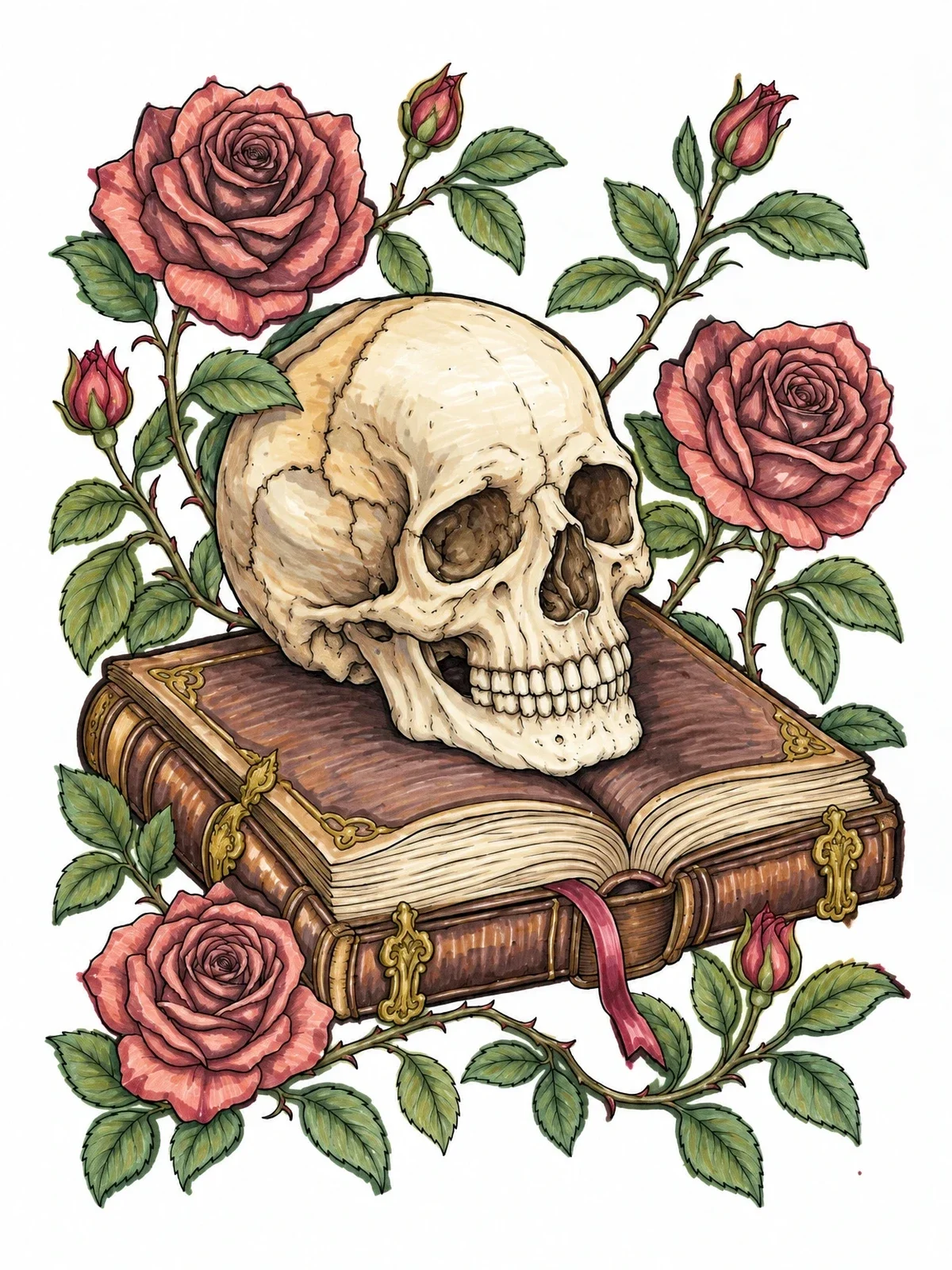 Colored example of the Skull On Book With Wild Roses coloring page