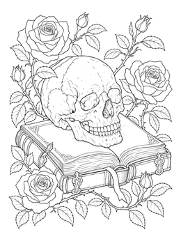 A detailed skull coloring page featuring an open antique book surrounded by blooming roses.