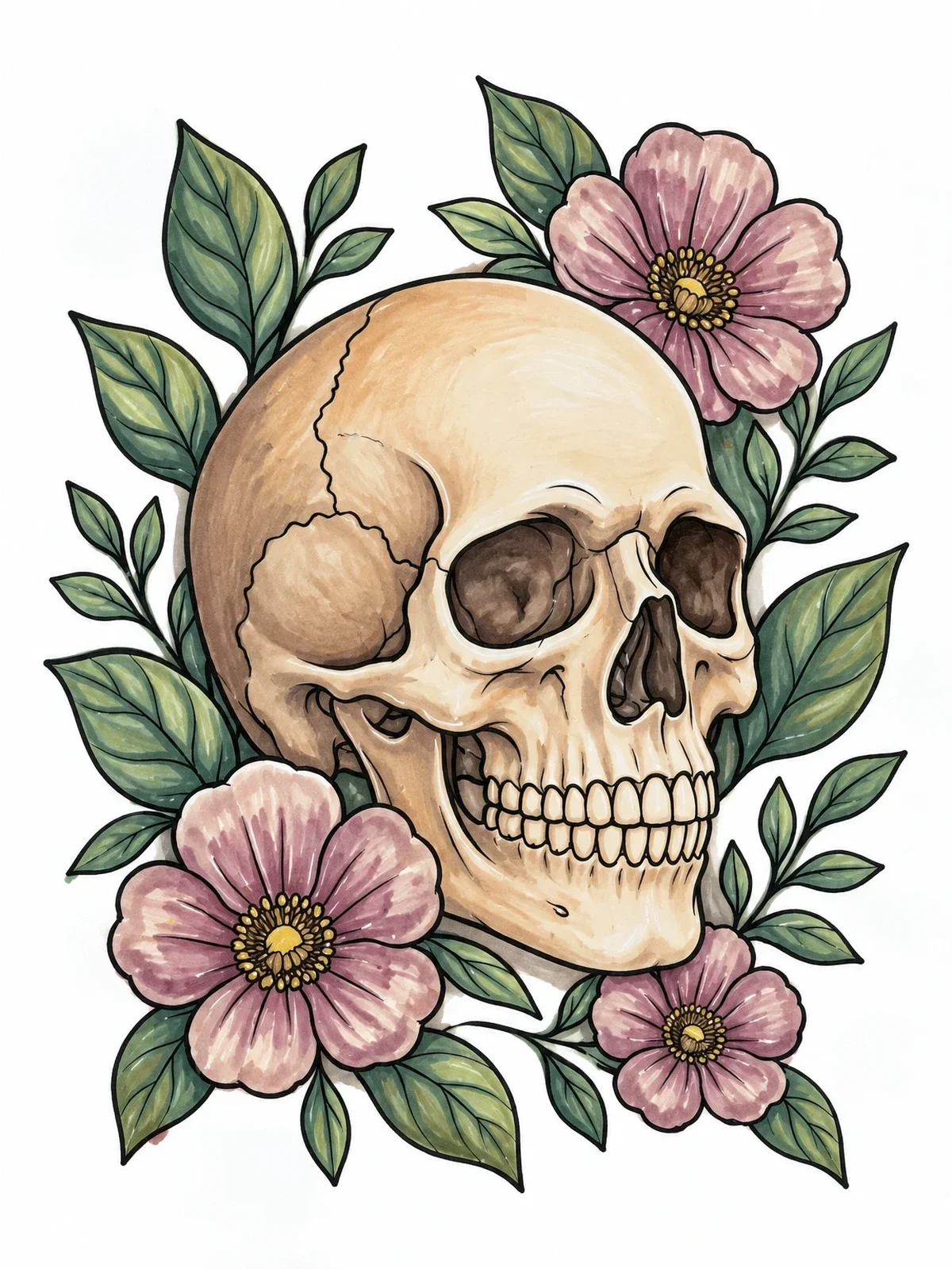 Colored example of the Realistic Skull Surrounded By Flowers coloring page