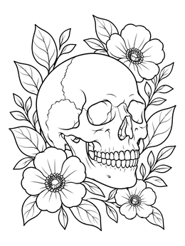 A detailed skull coloring page framed by blooming flowers and leafy botanical branches.