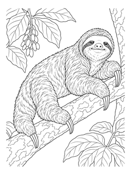 A realistic sloth resting on a tree branch in this detailed sloth coloring page.