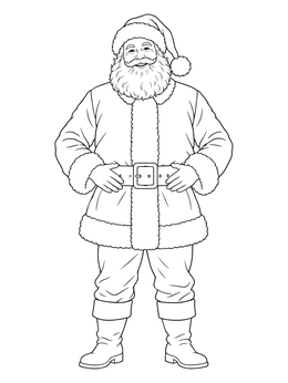 A smiling Santa Claus standing with hands on his belt in this santa coloring page.