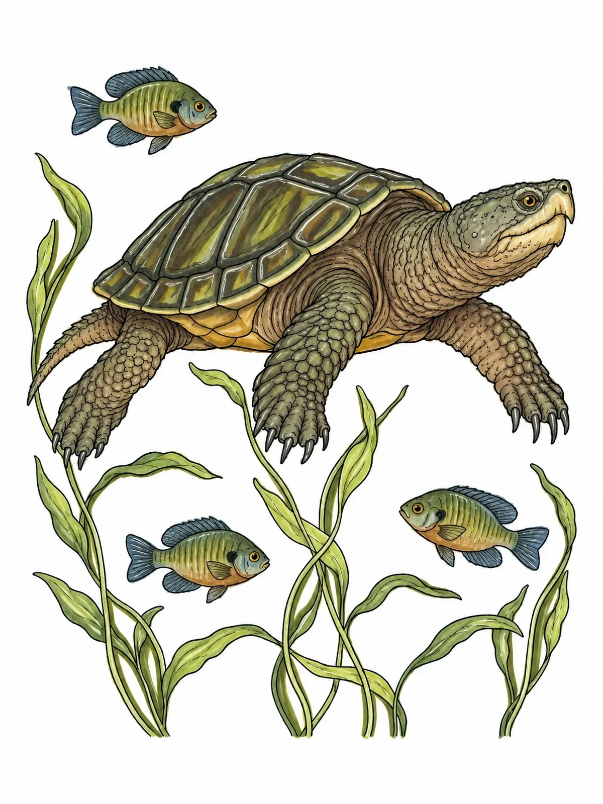 Colored example of the Realistic Snapping Turtle Swimming Underwater coloring page