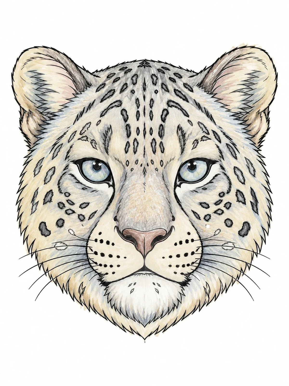 Colored example of the Realistic Snow Leopard Face Portrait coloring page