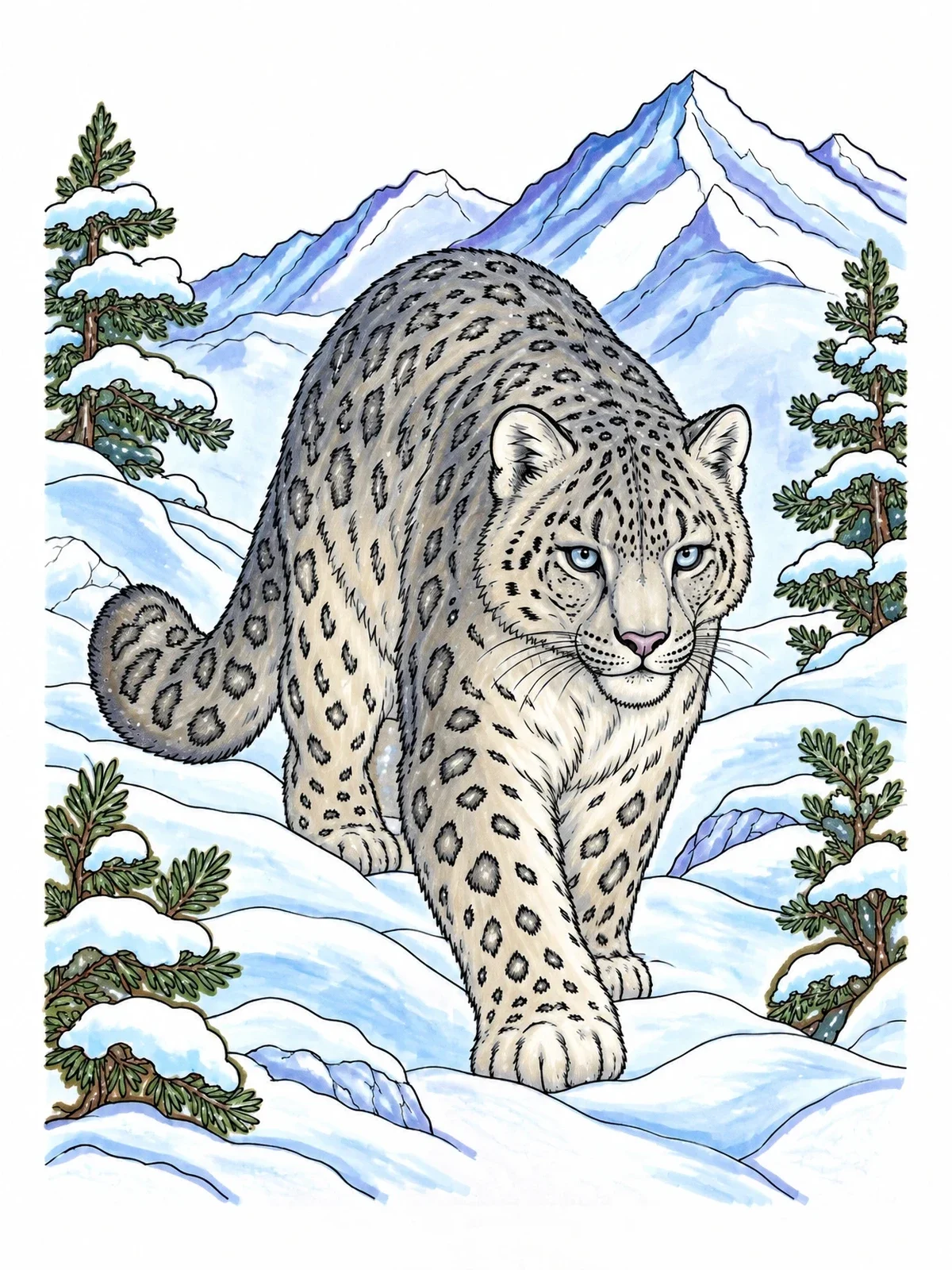 Colored example of the Realistic Snow Leopard In Winter Mountains coloring page