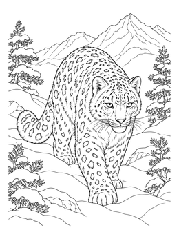 Free printable Realistic Snow Leopard In Winter Mountains coloring page