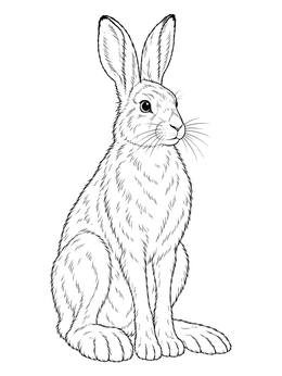 A realistic snowshoe hare coloring page showing detailed fur textures and large hind feet.