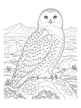 A detailed snowy owl coloring page perched on a mossy rock in the Arctic tundra.