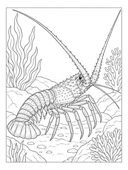 A detailed lobster coloring page showing a spiny lobster crawling among underwater coral.