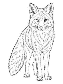 A detailed standing red fox coloring page with fine fur textures and alert eyes.