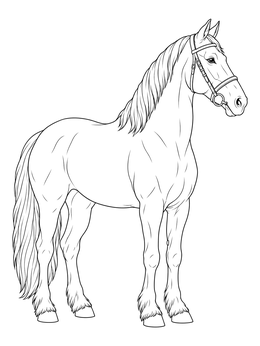 A detailed standing horse coloring page with bridle and long mane.