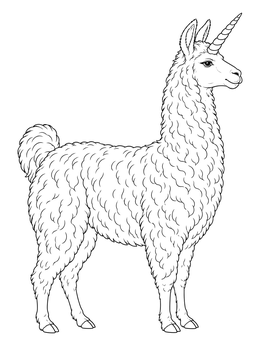 A realistic llamacorn coloring page with a textured woolly coat and spiral unicorn horn.