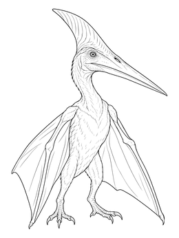 A detailed pterodactyl coloring page showing the crested reptile standing upright.