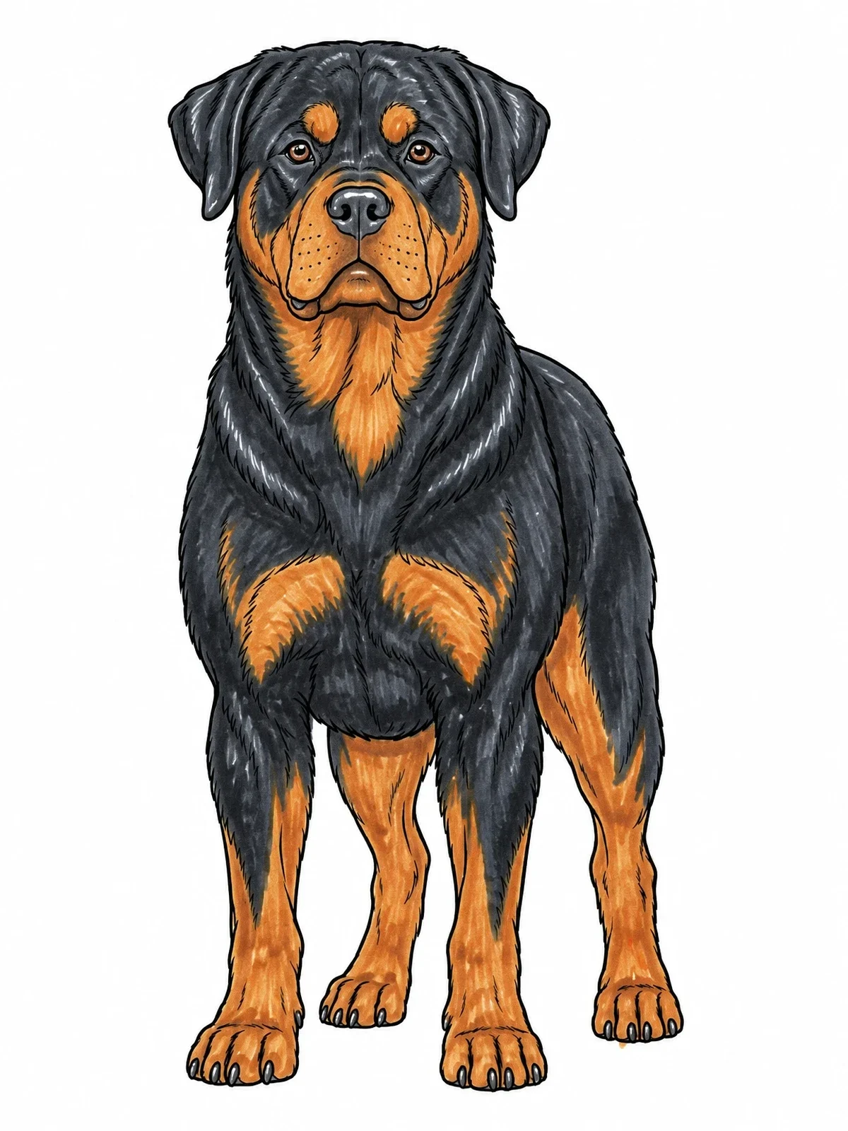 Colored example of the Realistic Standing Rottweiler Portrait coloring page
