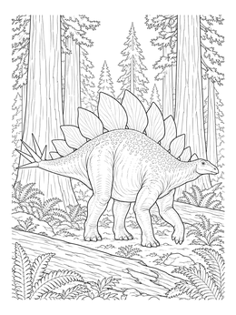A detailed stegosaurus coloring page featuring the dinosaur walking through a dense pine and redwood forest.