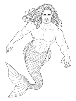 A realistic merman coloring page featuring detailed scales and long wavy hair.