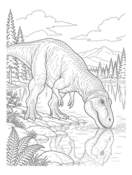 A detailed t rex coloring page showing a dinosaur drinking water with ripples and reflections.