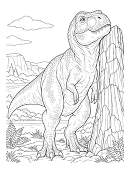 A detailed t rex coloring page shows the dinosaur leaning its neck on a tree trunk in nature.