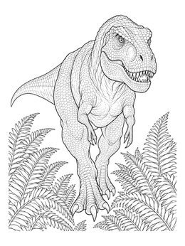 A detailed t rex coloring page featuring a textured dinosaur walking among prehistoric ferns.