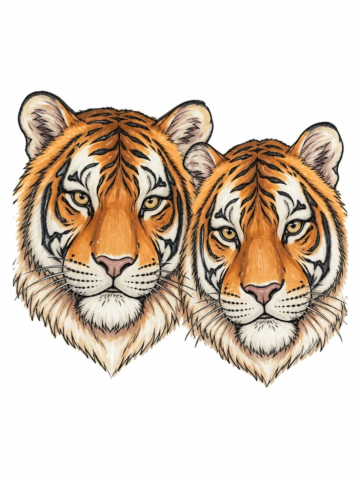Colored example of the Realistic Pair Of Tiger Portraits coloring page