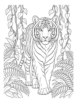 A realistic tiger coloring page with detailed stripes walking through lush jungle foliage.