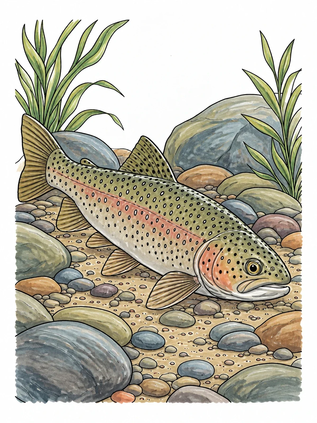 Colored example of the Realistic Trout On River Bed coloring page