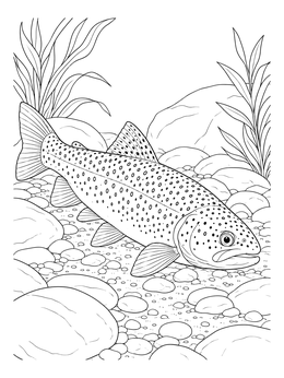 A detailed trout coloring page showing a spotted fish swimming along a rocky riverbed.