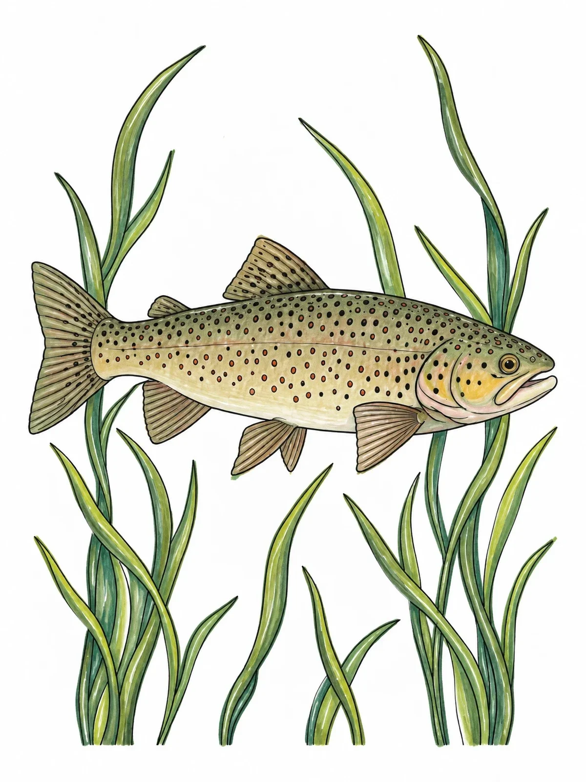 Colored example of the Realistic Trout In River Grass coloring page