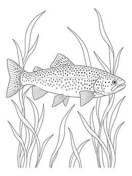 A detailed trout coloring page featuring a spotted fish swimming amidst tall underwater grasses.