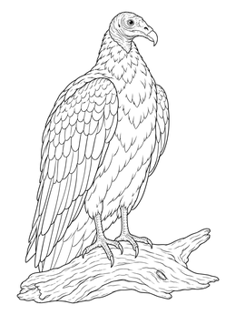 A detailed turkey vulture coloring page showing the bird perched on a piece of driftwood.